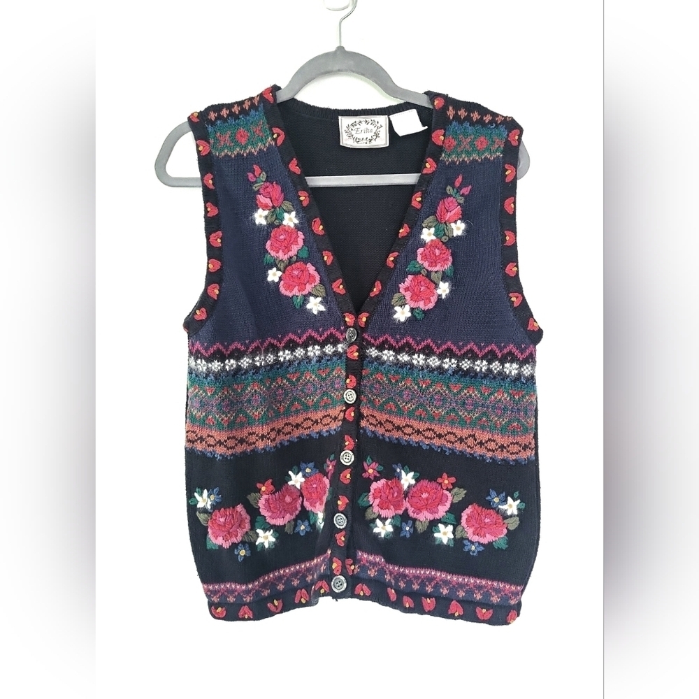 Erika Blue Knit Vest with Floral Accents